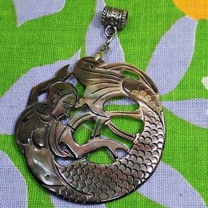 Vintage 90s Handmade Mother Of Pearl Mermaid Sterling Silver Pendant